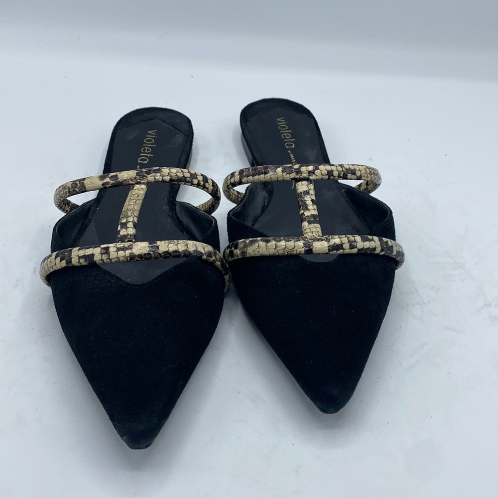 Violeta by Mango black suede and snakeskin mule slides